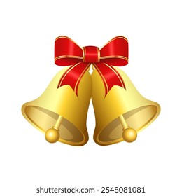 Realistic jingle bells Christmas hanging on red ribbon and holly berries leaves vector illustration. Golden jingle bells christmas decoration element. Christmas bells with ribbon.