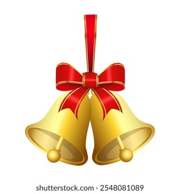 Realistic jingle bells Christmas hanging on red ribbon and holly berries leaves vector illustration. Golden jingle bells christmas decoration element. Christmas bells with ribbon.