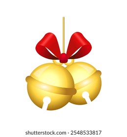 Realistic jingle bells Christmas hanging on red ribbon and holly berries leaves vector illustration. Golden jingle bells christmas decoration element. Christmas bells with ribbon.