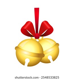 Realistic jingle bells Christmas hanging on red ribbon and holly berries leaves vector illustration. Golden jingle bells christmas decoration element. Christmas bells with ribbon.