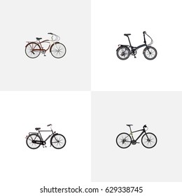 Realistic Journey Bike, Folding Sport-Cycle, Training Vehicle And Other Vector Elements. Set Of Bike Realistic Symbols Also Includes Folding, Hybrid, Bicycle Objects.