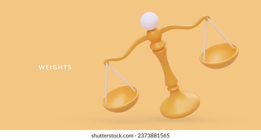 Realistic judging scales. Proportionate punishment for crime. Symbol of fair verdict, law. Services of lawyer. Illustration on colored background, place for logo, text