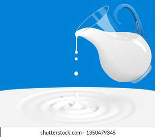 Realistic Jug Of Milk With Waves Of Circles And Drip Splash Isolated On Blue Background. Vector illustration.