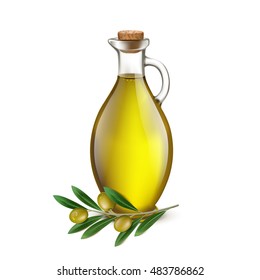 Realistic Jug Pitcher of olive oil and branch of olives. Vector illustration