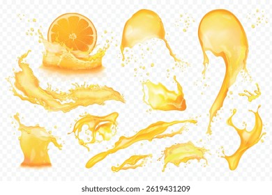Realistic juice flowing. 3d oil splash, juiced fruit orange drink tornado juicesplash beer apple pineapple mango, liquid twister juices drop splashes, set exact vector illustration original artwork