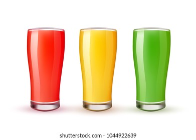 Realistic juice glass set. orange pineapple lemonade strawberry watermelon kiwi green apple. 3d tropical drink, vitamin sweet beverage. Holiday summer vacation symbol. Heathy lifestyle dieting. Vector