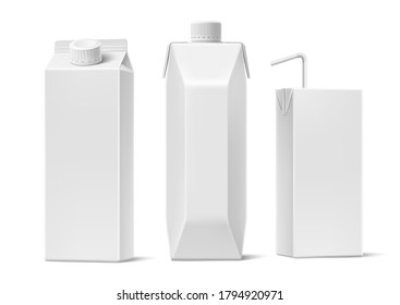Realistic juice, milk cardboard packages mockup set. Vector dairy product, fruit drink blank container for product design. Realistic carton boxes for beverage branding. No label packaging.
