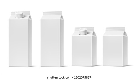 Realistic Juice, Milk Cardboard Packages Mockup Set. Vector Dairy Product, Fruit Drink Blank Container For Product Design. Realistic Carton Boxes For Beverage Branding. No Label Packaging.