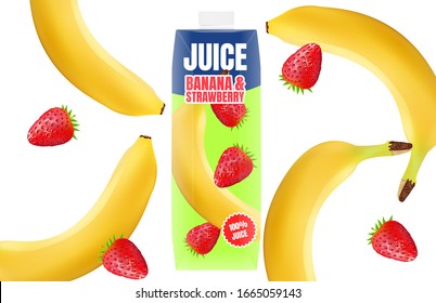 Realistic juice packaging Ads with shiny banana and Strawberry. Template banner vitamins Food concept design. of free space for your copy and branding. 3d realistic Vector Season sweet of fruit