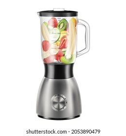 Realistic Juicer blender filled with slices of apples, banana, peach, kiwi, strawberry for making smoothie. 3D vector illustration, isolated on white background