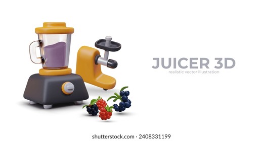 Realistic juicer, blender, fresh berries. Concept of making juice and smoothies. Modern kitchen appliances for vegetarian recipes. Vector composition on white background