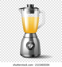 Realistic juicer blender with healthy smoothie. Steel mixer with orange detox smoothie. Cooking food electronics equipment, kitchenware device. Realistic vector illustration