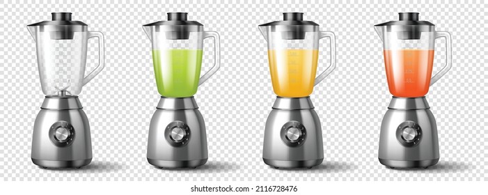 Realistic juicer blender for juice, cocktail, smoothie cooking. Steel mixers set. Cooking food electronics equipment, kitchenware device isolated. 3d vector illustration