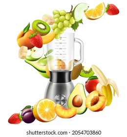 Realistic Juicer blender. Kitchen blender with set of fruits, bananas, oranges, kiwi, plum, peach, grapes, strawberry, apple, mango, pear, avocado, isolated vector illustration