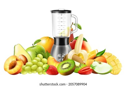 Realistic Juicer blender. Kitchen blender with set of fruits, bananas, oranges, kiwi, peach, grapes, strawberry, apple, mango, pear, avocado, isolated vector illustration