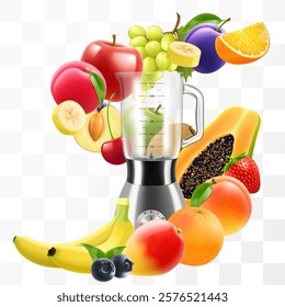 Realistic Juicer blender. Kitchen blender with set of fruits, bananas, oranges, kiwi, plum, peach, grapes, strawberry, apple, mango, pear, avocado, isolated vector illustration