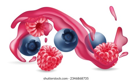 Realistic juicy blueberry and raspberry splash. Fresh fruit drink. Healthy and tasty beverage. Vector illustration for advertising and design. Juicy and sweet berries are a great source of vitamins