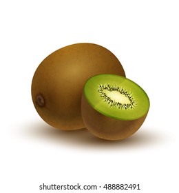 Realistic juicy kiwi, glossy icon with shadow isolated on white