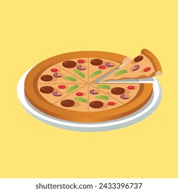 Realistic juicy pizza with cheese and pepperoni. Delicious Italian round food. Vector delicious restaurant menu design element.