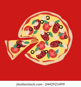 Realistic juicy pizza with cheese and pepperoni. Delicious Italian round food. Vector delicious restaurant menu design element.