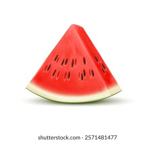 Realistic juicy, ripe and raw watermelon fruit slice with seeds exudes freshness. Isolated 3d vector healthy eating, summer delight with vibrant red succulent flesh and green rind embody sweetness