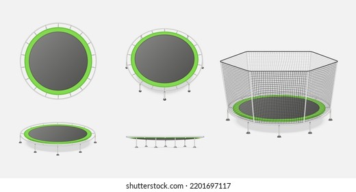 Realistic jumping trampoline. Set of various recreational or sport fitness equipment for fun isolated. Safe activity tool for gymnastic, outdoor kids entertainment. Vector illustration