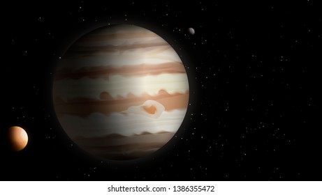 Realistic Jupiter with satellites on black space with glow stars. Copy space template for scientific presentation or wallpaper, banner. Vector eps10