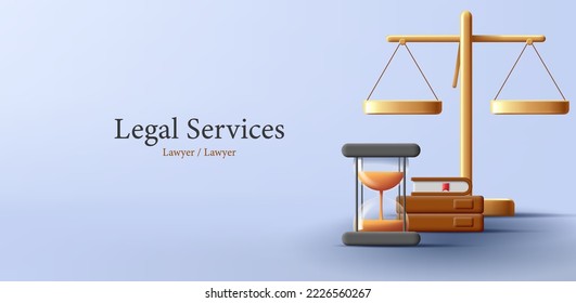 Realistic Justice golden 3d Scales with glass sand clock and books, Law Balance Symbol Isolated Icon Design Vector Illustration