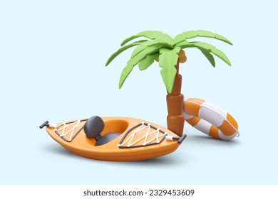 Realistic kayak, striped lifebuoy, coconut tree. Active sports recreation on seashore, ocean. Summer natural explorer concept. Color vector illustration