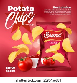 Realistic Ketchup Flavored Potato Chips Snack Food Package. Salty And Crunchy Potato Chips Vector Poster Or Banner With Falling Crispy Chips And Snack Foil Packet, Ripe Tomato And Ketchup Sauce Jar