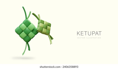 Realistic ketupat. Traditional fasting after Ramadan. Rice dish wrapped in woven boxes made of green palm leaves. Festive dish of Muslims. Eco wrap made of natural material