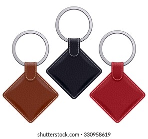 Realistic key chains pendants templates set. Square leather designs. Vector illustration isolated.