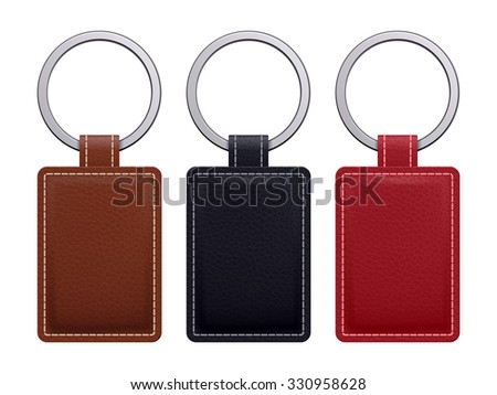 Realistic key chains pendants templates set. Leather designs. Vector illustration isolated. 商業照片 © 