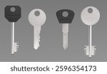 Realistic key collection on transparent background. Set of metal locking devices with different head shapes and teeth patterns in black and grey. Security objects for door locks, safes or access.