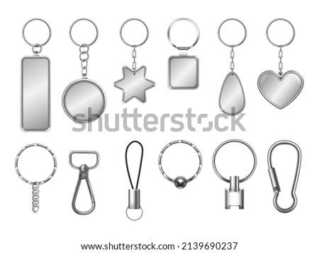 Realistic keyring. Metal key door keychain, metallic chains with blank icons, round circle keyrings, chained holders, steel trinket keys car, identity holder, isolated tidy vector. Metal ring chain 商業照片 © 