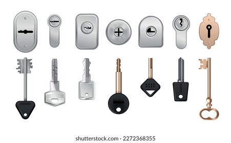 Realistic keys keyholes door locks icon set sets of locks with keys for different types of doors vector illustration