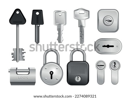 Realistic keys keyholes padlocks icon set keys locks and keyholes for different purposes iron and plastic parts vector illustration
