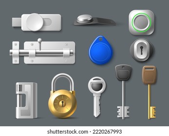 Realistic keys and locks. 3d isolated metal door locks, latches for doors and cupboard, padlocks and keyholes, open and close, security privacy objects, electronic button. Utter vector set
