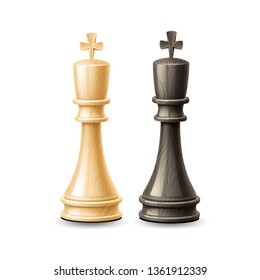 Realistic king chess pieces. Black and white chess figures for strategic board game. Intellectual leisure activity symbols. 3d chessboard objects for vector design.