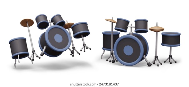 Realistic kit with drums and cymbals. Vector model in different positions