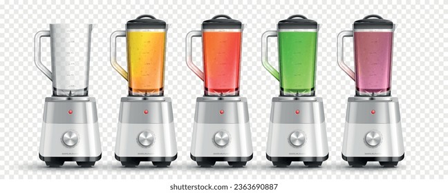 Conjunto de imágenes aisladas de los hogares de cocina realista con vistas frontales de mezcladores con suavidades líquidas coloridas ilustración vectorial