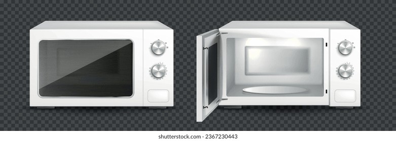 Realistic kitchen household set with two isolated images of microwave oven with open and closed door vector illustration