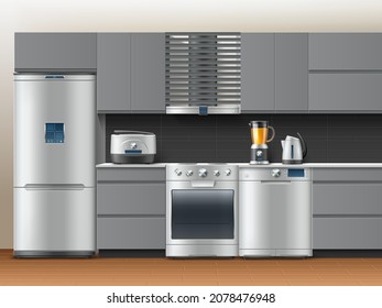 Realistic kitchen interior. Grey 3d furniture, steel refrigerator, multicooker, blender and kettle, washing machine, modern cabinets design and electronic equipment