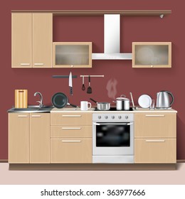 Realistic kitchen interior modern design concept with furniture oven and household utensils vector illustration   