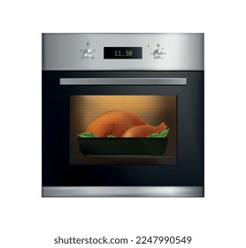 Realistic kitchen oven composition with isolated front view of modern conventional oven on blank background vector illustration