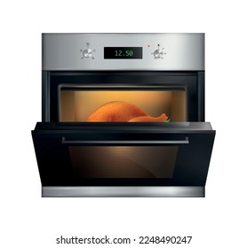 Realistic kitchen oven composition with isolated front view of modern conventional oven on blank background vector illustration