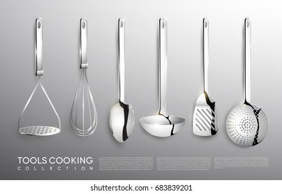 Realistic kitchen silver cooking tools set with potato masher whisk spoon ladle spatula and skimmer isolated vector illustration