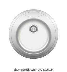 Realistic kitchen sink. Steel metal round washbasin with water drain isolated on white background. Home kitchenware appliance. 3d vector illustration