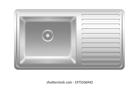 Realistic kitchen sink, top view. Steel stainless appliance for household and dish wash at home. Domestic washbasin with space for clean kitchenware. 3d vector illustration