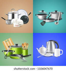 Realistic kitchen tools design concept cookware of chef green culinary set kettle with crockery isolated vector illustration